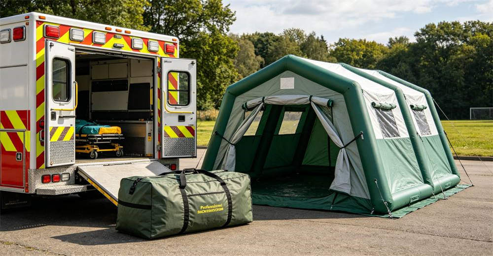 Professional inflatable decontamination tent ready for delivery packed in heavy duty carry bag beside fully deployed tent with emergency response vehicle preparing for loading and shipment to customer location for professional emergency response operations