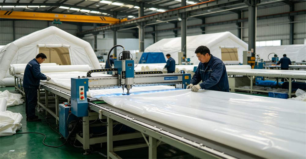 Professional inflatable tent manufacturing facility with workers operating high frequency welding machines on PVC air beam material along the heat welding production line in factory workshop environment for professional emergency response operations