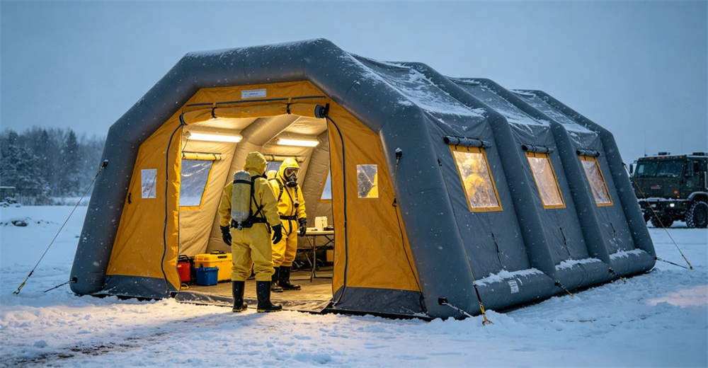 Inflatable decontamination tent operating in cold weather snowy environment with HAZMAT team members working in winter conditions while the tent remains fully functional and operational despite freezing temperatures for professional emergency response operations