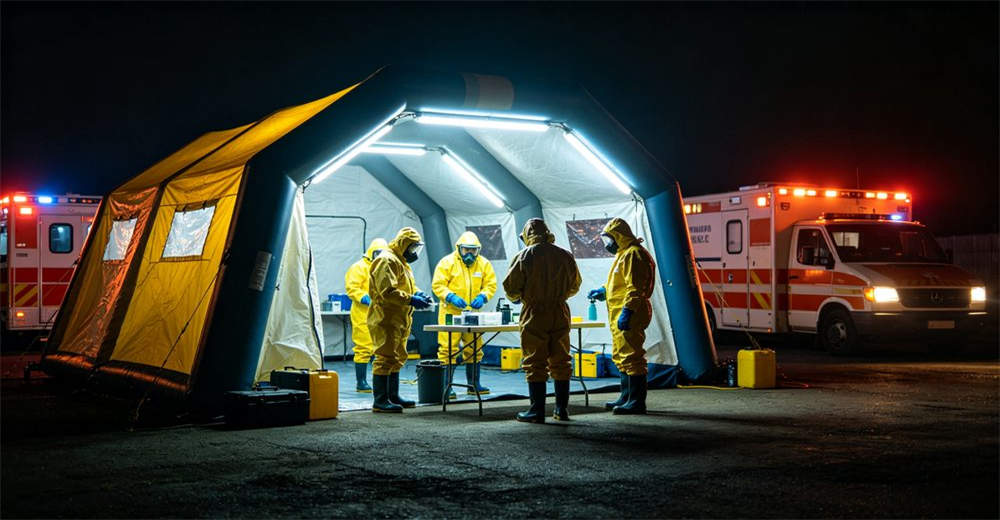 Night time emergency decontamination operation with inflatable tent illuminated by bright LED lighting and HAZMAT team working in darkness with emergency vehicle lights flashing around the response scene area for professional emergency response operations