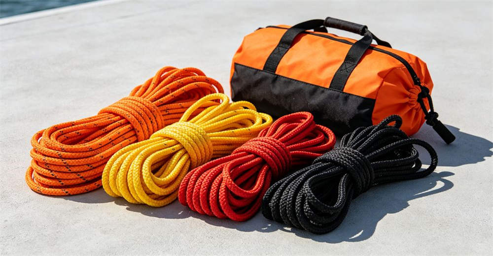 Flat lay view of complete water rescue rope family with orange floating ropes, throw bags and oxtail tethers arranged neatly on clean white background for product display