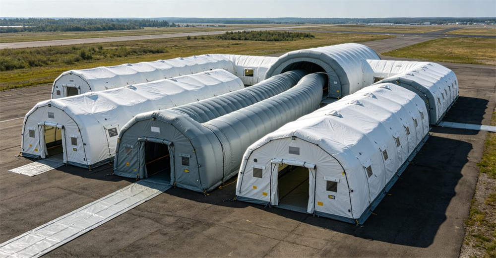 Multiple inflatable decontamination tents connected together with tunnel system creating modular multi tent layout for large scale emergency operation with connecting corridors clearly visible between tent units for professional emergency response operations