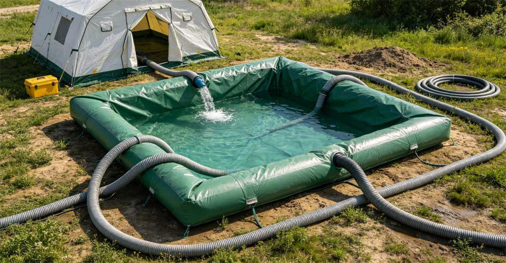 Wastewater collection and containment system for inflatable decontamination tent with collection bladder hoses and drainage system arranged for environmental protection during field emergency response operations for professional emergency response operations