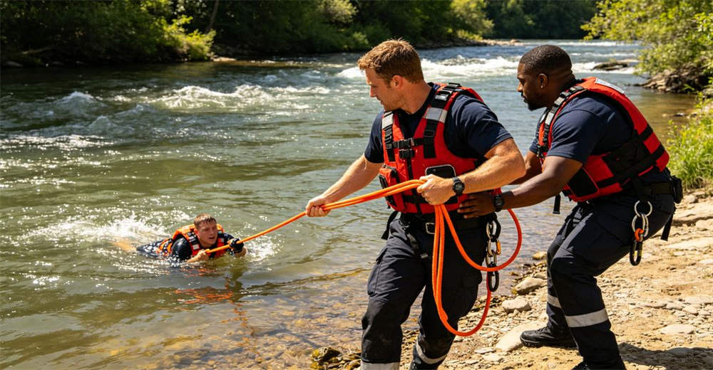 Action shot of flood rescue team wearing orange gear pulling floating water rescue rope with victim on flooded urban street during daylight emergency operation showing real-world deployment conditions and team coordination