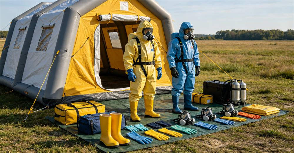 Complete personal protective equipment PPE setup beside inflatable decontamination tent with Level A and Level B suits gloves boots and respirators all organized neatly on ground for professional display for professional emergency response operations