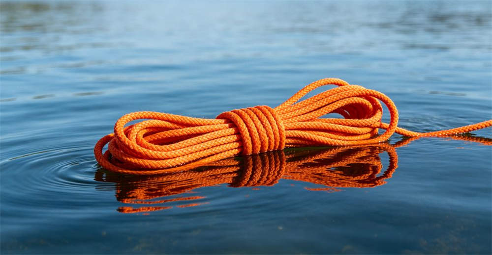 Eye-level view of bright orange water rescue rope floating horizontally on clear blue river surface showing full buoyancy and high visibility for reliable water rescue operations and emergency response