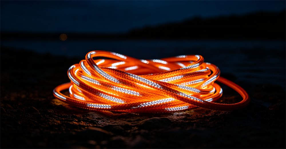 Close-up of reflective orange flood rescue rope glowing under flashlight beam at night showing luminous thread detail and bright braided texture for reliable water rescue operations and emergency response