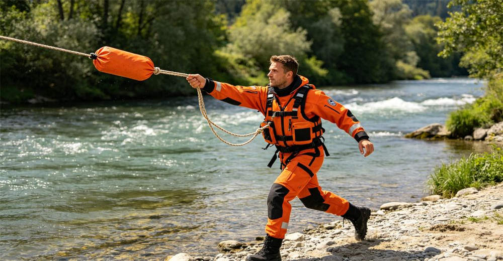 Side view of orange throw bag rescue kit with CORDURA waterproof fabric, stainless D-ring and coiled floating rope visible inside open bag for reliable water rescue operations and emergency response