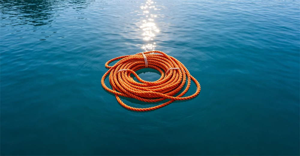 Aerial drone view of orange floating rescue rope spread across wide calm river surface from above showing full length and buoyancy showing real-world deployment conditions and team coordination