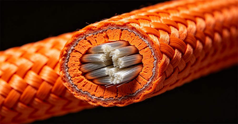 Cross-section close-up of braided core construction inside water rescue rope showing inner weave layers and outer cover structure for reliable water rescue operations and emergency response