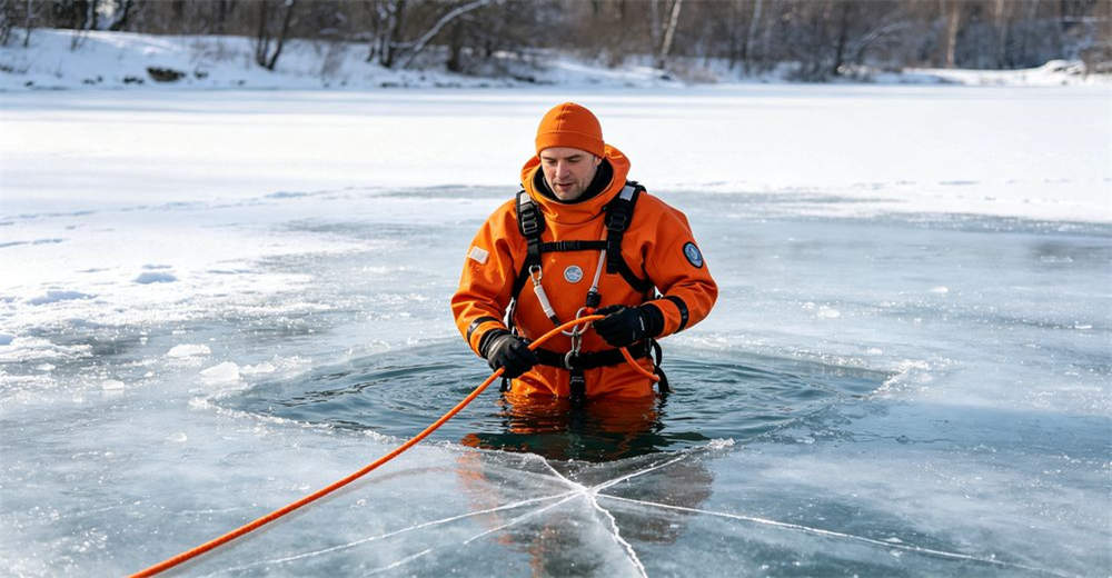 Cold weather shot of ice water rescue scenario deploying floating flood rescue rope across broken ice edge near open water showing real-world deployment conditions and team coordination