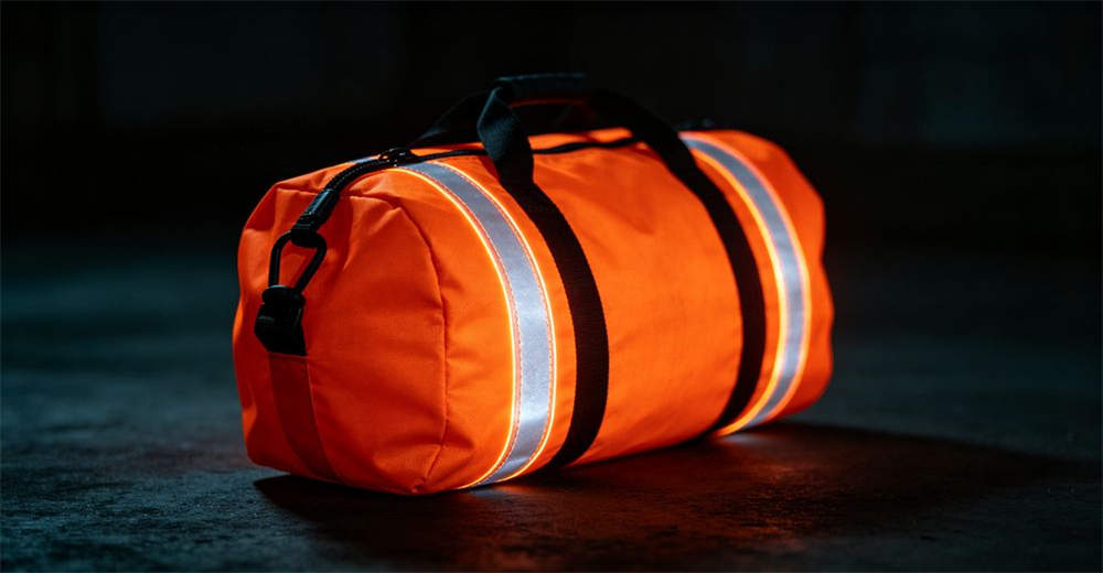 Dark night shot of reflective throw bag rescue kit glowing under low light with reflective strips visible on orange bag body for reliable water rescue operations and emergency response