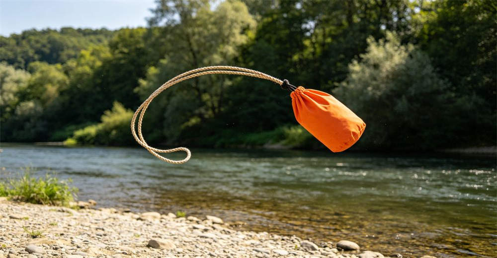 Action shot of throw bag rescue in mid-air arc flying toward victim in river water showing rope paying out smoothly showing real-world deployment conditions and team coordination