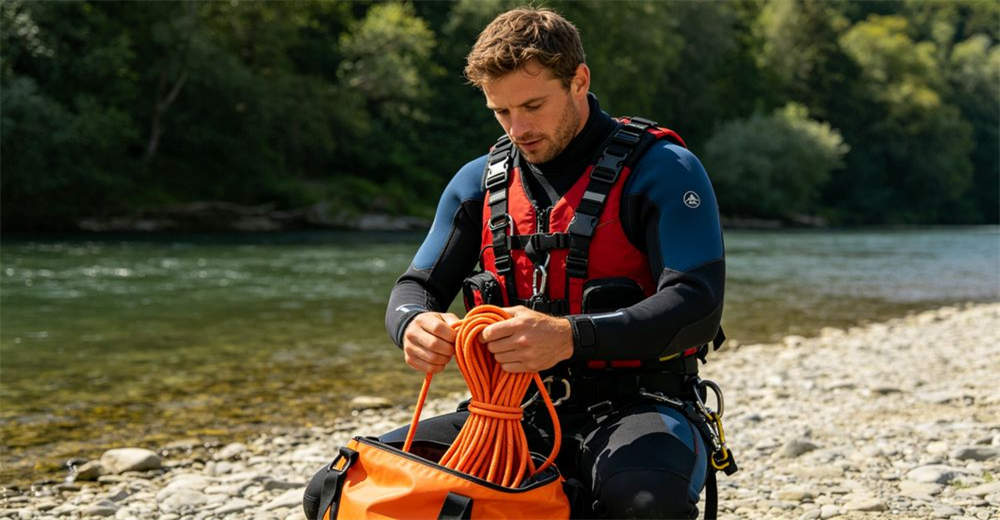 Training shot of rescuer repacking throw bag rope after recovery operation showing proper rewinding and bag packing technique showing real-world deployment conditions and team coordination
