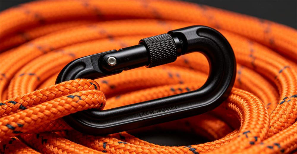 Macro close-up of quick release buckle on oxtail rescue tether showing durable plastic latch and woven webbing attachment for reliable water rescue operations and emergency response