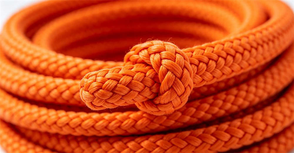 Close-up of rope end termination and professional splicing detail on orange water rescue rope showing finished eye splice for reliable water rescue operations and emergency response