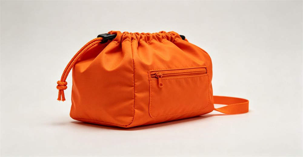Side view of throw bag body construction showing drawstring closure top and stainless D-ring attachment on side for reliable water rescue operations and emergency response