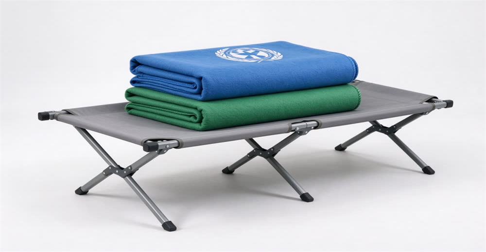 Front view of blue emergency folding cot neatly arranged with thick blue wool refugee blanket on top, showing durable sleeping cots and thermal blankets for emergency relief supply kits