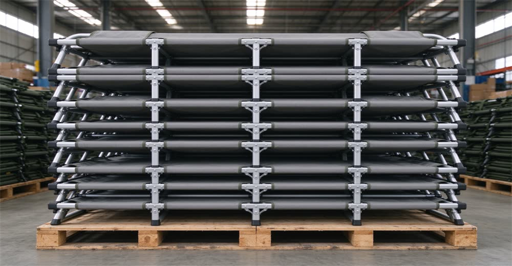 Wide warehouse view of neatly stacked blue emergency folding cots on wooden pallets, showing bulk folding cots for refugee relief supply procurement and disaster relief operations