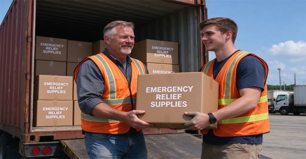 Wide view of workers loading wooden pallets of refugee relief supplies into shipping container, showing export logistics and wholesale refugee relief supply shipping for international aid organizations