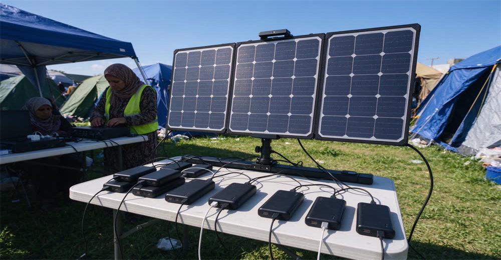 Eye-level view of refugee using foldable solar panel to charge mobile phone outside white relief tent, showing off-grid solar power solutions for refugee camps and emergency communication needs