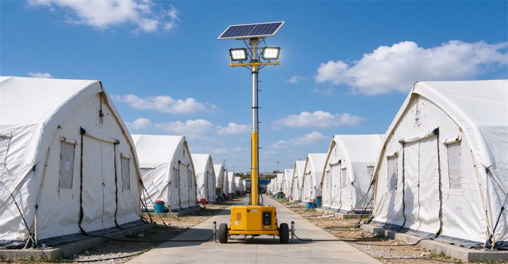 Eye-level view of solar LED lighting tower standing on refugee camp pathway between white relief tents, blue sky and clouds, providing off-grid emergency lighting for refugee camps and humanitarian operations