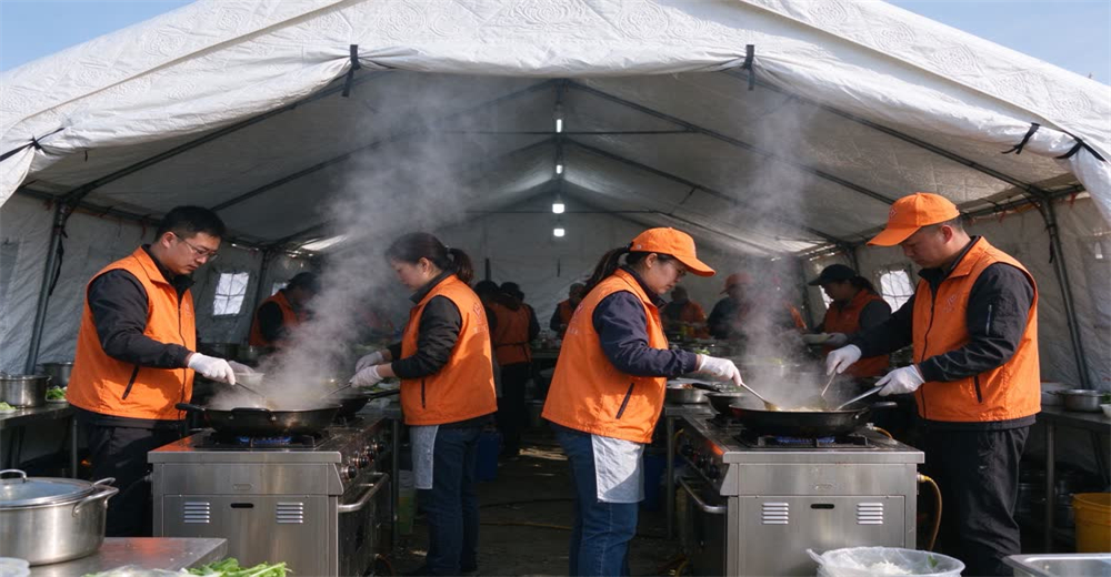 Wide view of volunteers in orange vests cooking at temporary outdoor camp kitchen under white relief tent, stainless steel stoves, showing refugee camp food supply infrastructure for humanitarian operations