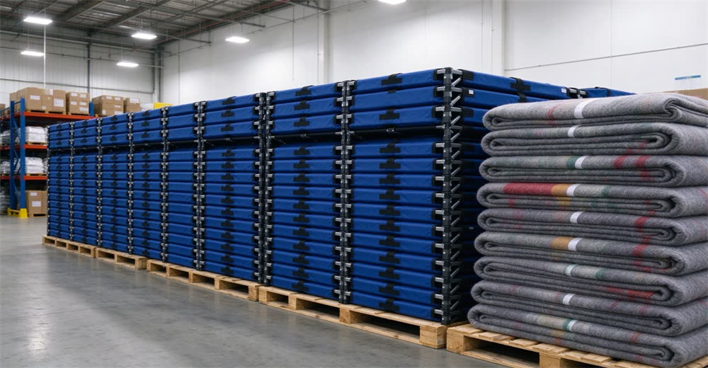 Wide warehouse view of neatly stacked blue folding beds and folded blue wool blankets on wooden pallets, products clearly visible, showing bulk refugee relief supplies ready for shipment to NGO aid organizations