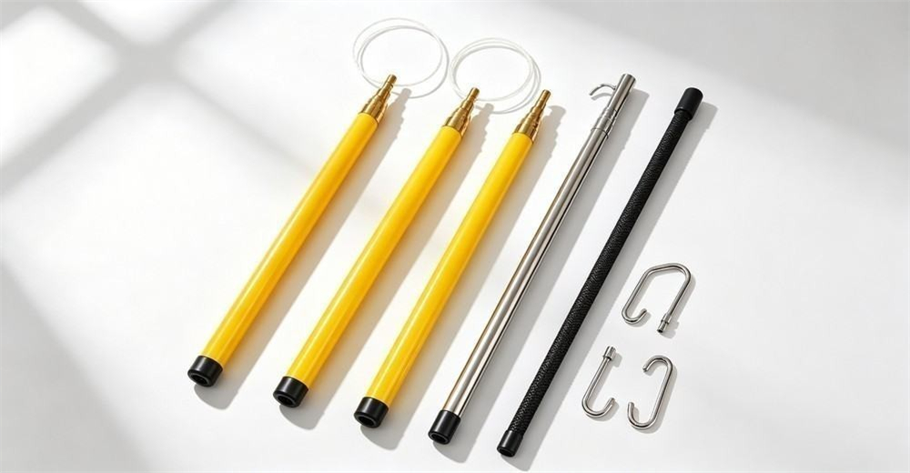 Top-down flat lay of the full rescue pole range: yellow FRP poles, a silver 304 stainless pole and a black carbon fiber pole, hooks and wire loops laid out on a clean background
