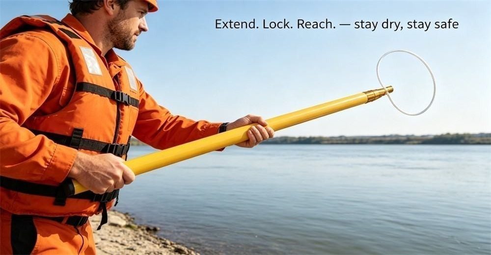 Bright yellow FRP telescopic rescue pole fully extended with a white wire loop at the top, river background, showing the reach-out-and-save design of a life saving pole