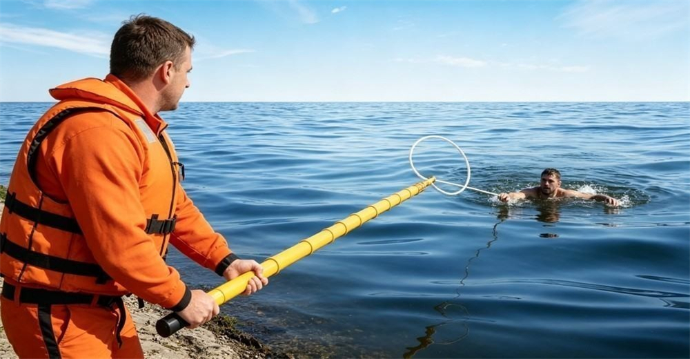From the victim's view in the river, a 6 to 8 meter extended yellow rescue pole reaches in from the grassy bank, the white wire loop right within arm's reach as the rescuer stays dry on shore