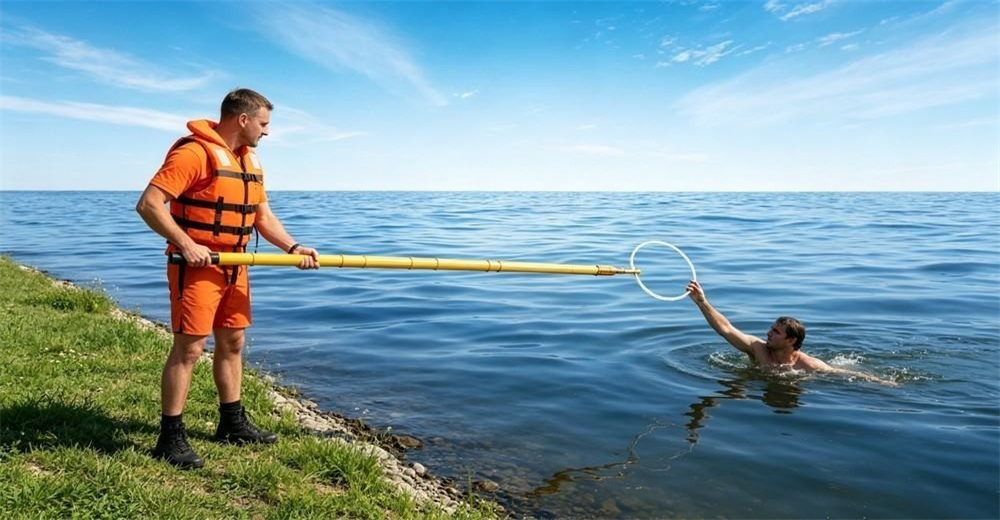 A drowning swimmer treading water grabs the loop of a yellow FRP rescue pole while the rescuer stays planted on the bank, showing why reach tools beat jumping in at a typical river rescue A drowning swimmer treading water grabs the loop of a yellow FRP rescue pole while the rescuer stays planted on the bank, showing why reach tools beat jumping in at a typical river rescue