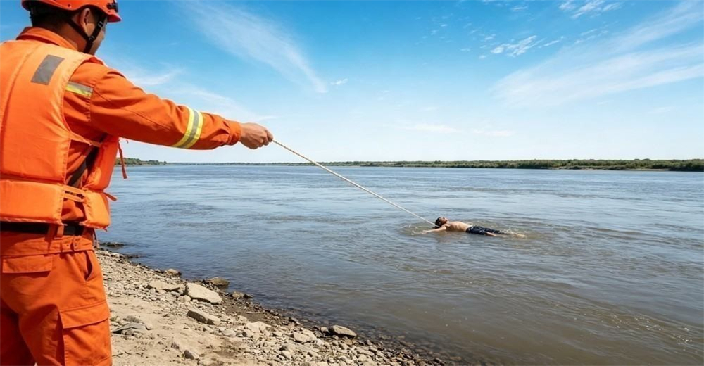 Daylight comparison scene on a wide riverbank where a rescuer throwing a rope by hand falls short of a person in the water, showing the gap that a long rescue pole closes Daylight comparison scene on a wide riverbank where a rescuer throwing a rope by hand falls short of a person in the water, showing the gap that a long rescue pole closes