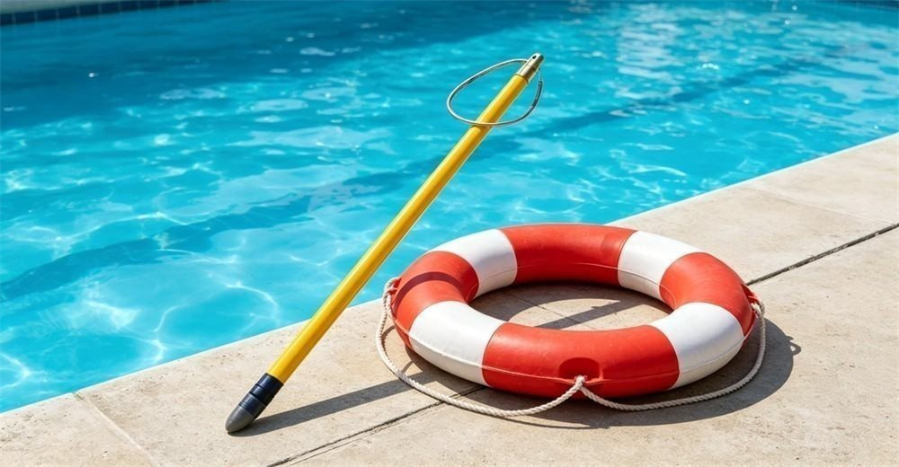 Bright daylight shot on a poolside concrete deck of a yellow telescopic rescue pole leaning beside a red-and-white ring lifebuoy, the standard emergency reach-and-float pair