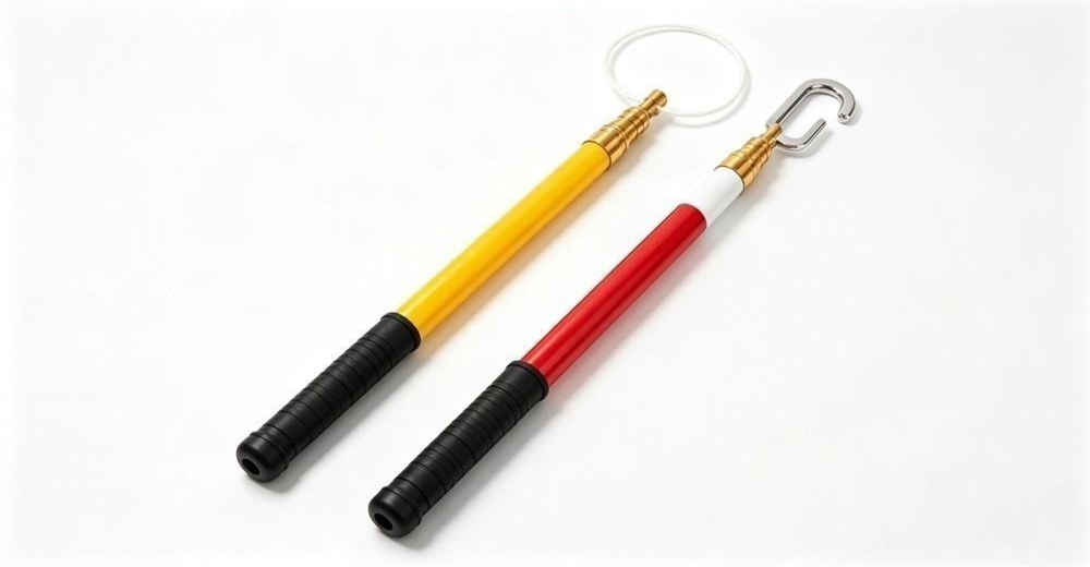 Studio lineup showing the HB-SY-JSGG multi-length FRP water rescue pole in yellow-black and red-white color options, telescopic, with gold top fitting and interchangeable hook or ring head