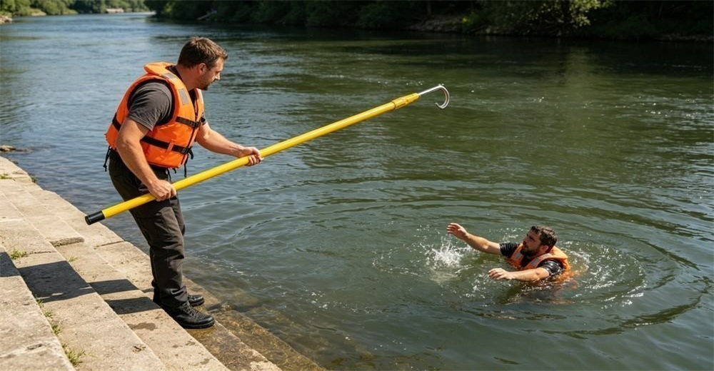 Built for normal rivers, the 5.5m SY-JSG01 rescue hook pole lets a bank rescuer send the chrome J-hook out about 6 meters to hook a conscious swimmer by the arm