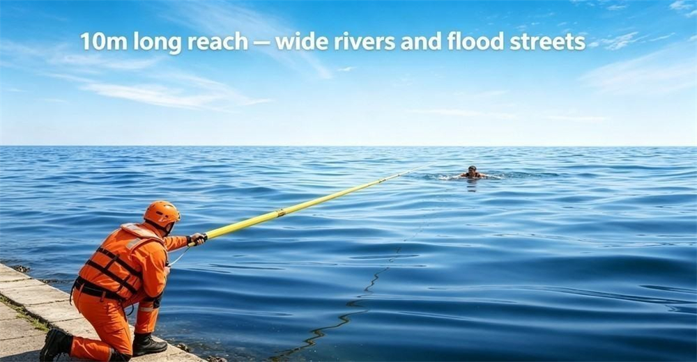 Wide daylight river shot of a rescuer extending a 10m yellow rescue pole all the way across a wide river to reach a floating person, English caption in the sky reads 10m long reach wide rivers and flood streets