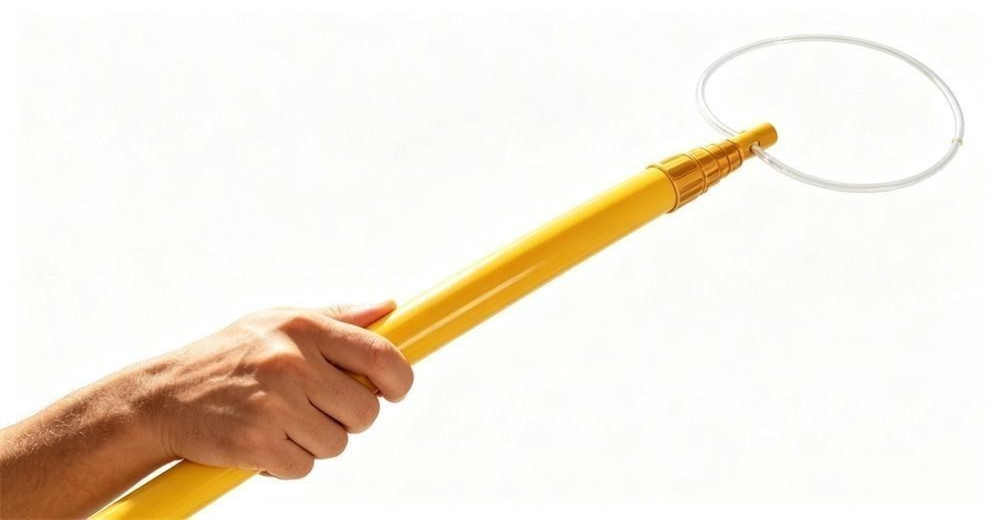 Hand-held daylight shot of the SY-JSG03 4.5 meter lightweight yellow FRP rescue pole, a single hand easily holding it extended, showing its light flexible feel against clean white Hand-held daylight shot of the SY-JSG03 4.5 meter lightweight yellow FRP rescue pole, a single hand easily holding it extended, showing its light flexible feel against clean white