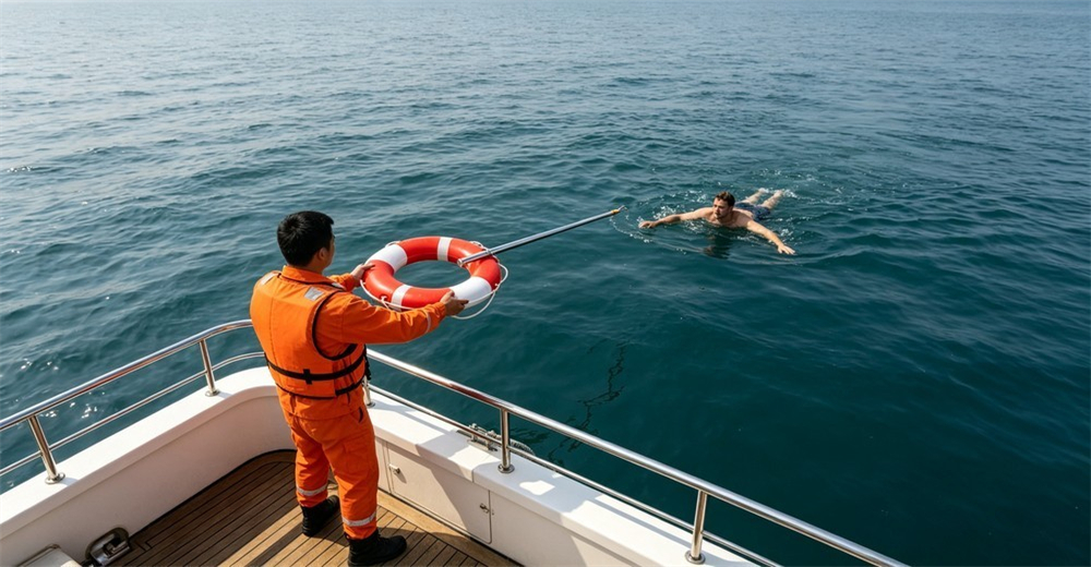 Wide boat-deck shot, rescuer standing safe on deck extending a single brushed silver 304 stainless rescue pole to hand a life ring to a swimmer 6+ meters off the hull, open sea between them, saltwater-grade pole