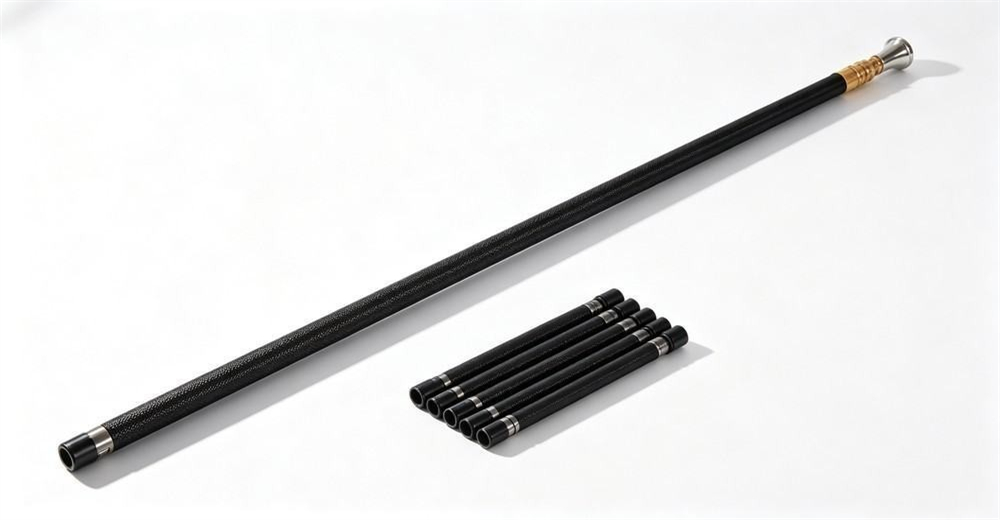 Wide dramatic studio shot of the SY-SY3GY18 multi-function 18 meter ultra-light carbon fiber rescue pole fully extended, matte black woven carbon thin tube, swappable head, collapsed sections laid beside showing 9 joints