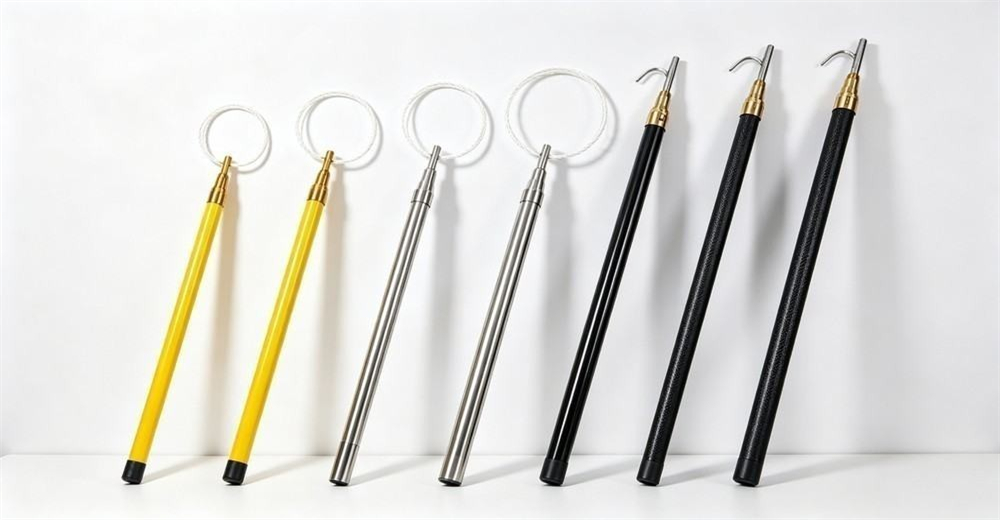Eye-level lineup on a white tabletop of all six water rescue pole models standing side by side, from short 4.5m to the 18m carbon fiber pole, yellow FRP, silver stainless and black carbon options