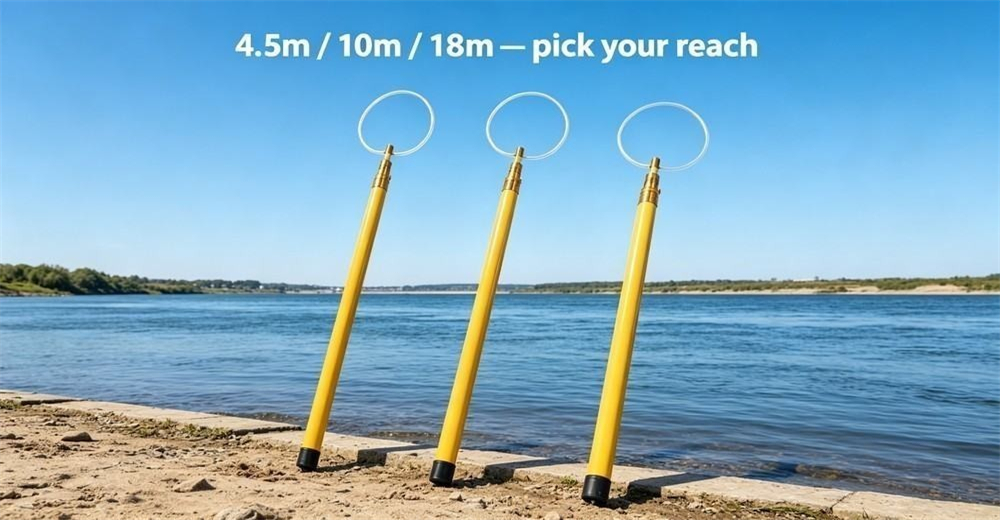 Daylight riverbank shot of three yellow rescue poles standing side by side from short to long, showing 4.5m, 10m and 18m length difference, English caption in the sky reads 4.5m 10m 18m pick your reach