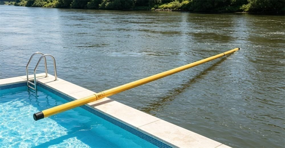 Daylight split scene concept for choosing a water rescue pole, left a short 4.5m yellow pool rescue pole on a calm swimming pool deck, right a long 10m yellow pole at a wide riverbank, showing matching pole length to water width