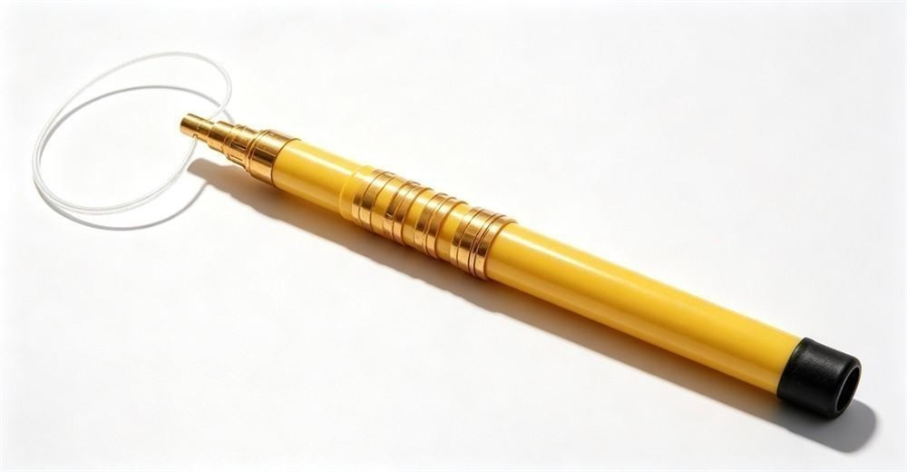 Studio daylight close-up of a yellow FRP rescue pole laid horizontally, clearly showing the gold brass top fitting, white wire loop, telescopic joint rings along the glossy tube and black rubber end cap Studio daylight close-up of a yellow FRP rescue pole laid horizontally, clearly showing the gold brass top fitting, white wire loop, telescopic joint rings along the glossy tube and black rubber end cap