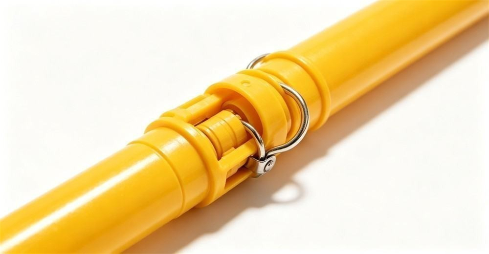 Macro studio close-up of the telescopic joint rings on a glossy yellow FRP rescue pole tube, showing the nested sections and locking collar detail, clean white background