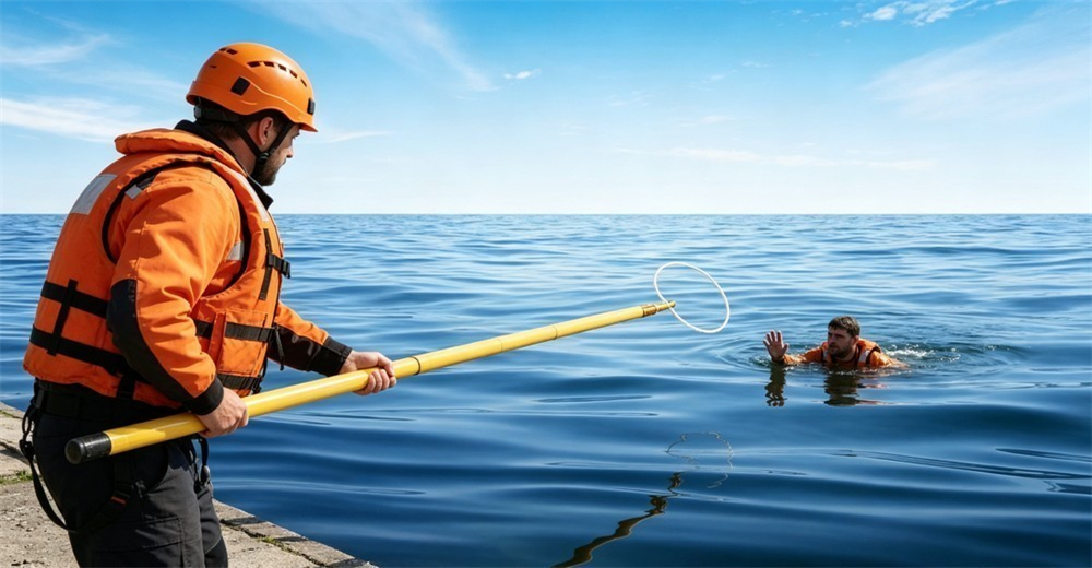 Daylight riverside shot of a rescuer in an orange PFD pulling each telescopic section of a yellow rescue pole outward one by one to extend it, hands on the locking collar
