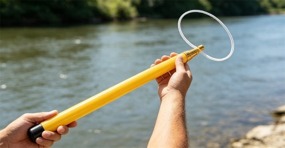Held up against a blurred river, the glossy yellow FRP tube of a rescue pole shows its smooth non-conductive finish and gold top fitting with wire loop