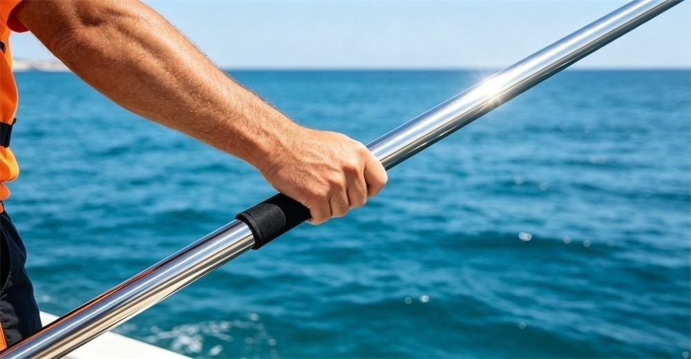 A marina-grade 304 stainless rescue pole, brushed silver tube gleaming in sea light, gripped by the handle for saltwater and heavy-duty use