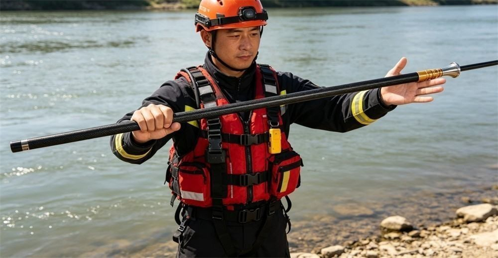 For the longest reach, a rescuer presents the matte black woven carbon fiber rescue pole, stiff and ultra-light, the weave sharp along the thin extended tube
