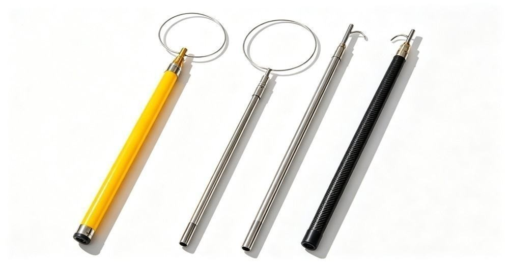 Studio flat lay comparing three rescue pole material samples laid side by side: glossy yellow FRP tube, brushed silver 304 stainless tube, matte black carbon fiber tube, on clean white